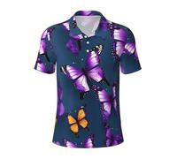 Bella viola farfalla uomo cotone polo manica corta casual estate camicie classiche colletto camicia da golf con, Nero , L