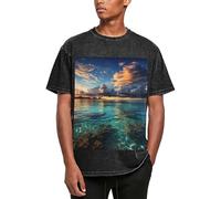Bella Vista del mare Mens Oversize T Shirt Vintage Cotone Manica Corta Casual Estate Tee Lavato Unisex Top, nero, L