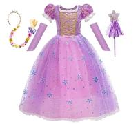 Belle & Moana Vestito Carnevale Rapunzel Bambina, Costume da Principessa Rapunzel Bambina con Accessori per feste di compleanno, festa, divertimento, Halloween e cosplay 7-8 anni