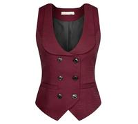 Belle Poque Donne 50s Vintage Doppio Petto Gilet Profondo Scollo a V Fazzoletto Orlo Gilet Cappotto BP0613A22, Plaid rosso e pied de poule, XXL