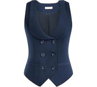 Belle Poque Gilet da donna con risvolto curvo scollo a V Gilet a quadretti con due tasche orlo geometrico tinta unita giacca, Blu mare, M