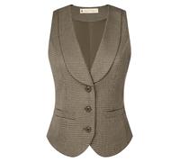Belle Poque Gilet da donna vintage senza maniche con risvolto colletto monopetto elegante gilet con tasche, Plaid Pied de Poule Marrone Scuro, XL