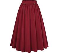 Belle Poque Gonna a vita alta da donna, vintage, a linea midi, gonna pieghettata elasticizzata con tasche, Rosso vinaccia, S
