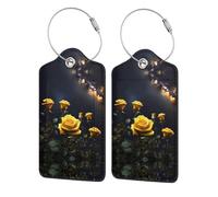 Belle rose gialle stampate etichetta in pelle PU, adatta per borse, etichette per borse da viaggio, etichette per bagagli, nero, 1