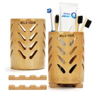 Belle Vous 2 Pezzi Porta Spazzolini in Bambù con Scolo - Bicchiere Spazzolino Ecologico con Base in Sughero - Portaoggetti Bagno Formato Viaggio - Porta Dentifricio, Spazzolino e Rasoi