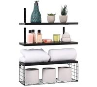 BELLE VOUS 3 Pezzi Mensole Sospese in Legno Nero - Lunghe 42 cm - Set di Mensole Legno Rustiche con Cestino - Mensole per Camera da Letto, Soggiorno, Cucina, Bagno e Ufficio