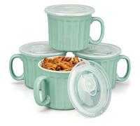 BELLE VOUS 4 Ciotole da Zuppa - Ciotoline con Coperchio per Cottura Microonde - Scodelle in Ceramica da Brodo Porridge Cereali - Tazze con Manici - Bowl Colazione - Turchese