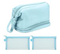 BELLE VOUS Beauty case da viaggio blu, grande capacità, doppio strato, portatile, organizer per trucchi, accessori da toeletta e pennelli, borsa per cosmetici per donne e ragazze, ottimo regalo, non