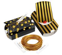 BELLE VOUS Confezione da 50 Scatole Bomboniere Matrimonio in Carta Oro e Nera con Etichette e Spago - Scatoline Portaconfetti a Pois e Strisce in Stile Kraft per Feste, Matrimoni e Regali