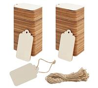 Belle Vous Etichette in legno grezzo per artigianato (confezione da 100) 3,7 x 6,8 cm - Etichetta rettangolare in legno naturale e rustico con spago per regali di nozze e decorazioni da appendere di