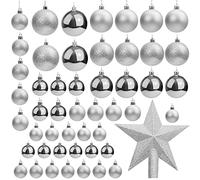 Belle Vous Palline Natalizie Argento (50pz) - Palline Albero Argento Brillanti Varie Misure con Punta Stella Albero Natale Argento - Addobbi Natalizi per Albero di Natale da Appendere Interno/Esterno