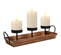 Belle Vous Porta Candele in Ferro Nero a 3 Supporti con Vassoio in Legno - Porta
