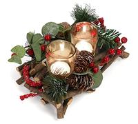 Belle Vous Porta Candele Natalizio Doppio Tealight - 14 x 22-2 Portacandele Votivi in Vetro - Ghirlanda Natalizia Artificiale con Pigne, Bacche Rosse e Fiocchi per Tavola e Centrotavola di Natale