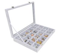 BELLE VOUS Scatola per gioielli in velluto grigio con 24 sezioni e coperchio in vetro, scatola portagioie impilabile e modulabile per anelli, collane, bracciali, orecchini e orologi