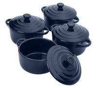 Belle Vous Set Mini Cocotte Terracotta Con Coperchi (Confezioni da 4) - Set Terrine da Forno Rotonde 170ml Blu Scuro - Con Coperchi e Manici Per Cuocere Al Forno, Souffle, Crème Brulée e Lasagne