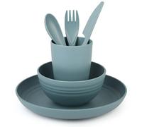 Belle Vous Set Stoviglie da Campeggio - con Piatto Ciotola Tazza e Posate - Kit Pic Nic - Piatti per Camper Plastica Dura - Adatto a Microonde e Lavastoviglie - Blu Marino