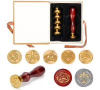Belle Vous Set Timbri Ceralacca con Sigillo Ceralacca in Rame Rimovibile (7pz) - Timbro Ceralacca Vintage con Manico in Legno - Sigilli Ceralacca con Fiori, Cuori e Corone - Regali, Buste ed Inviti