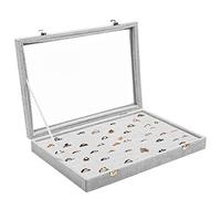 BELLE VOUS Stoccaggio anello in velluto grigio con coperchio e 100 tacche, scatola portagioie con coperchio in vetro trasparente per anelli, orecchini e gemelli