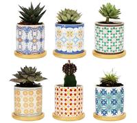 BELLE VOUS Vasetti per Piantine - 6x Vasi per Piante Grasse in Ceramica 7,5 cm - Vasi con Sottovasi in Bambù e Fori di Drenaggio - Vaso Cactus Fiori - Decorazione Casa Ufficio