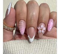 BelleFlair 24 Pezzi Unghie Finte Mandorla Corte Rosa con Design Floreale 3D, Unghie Francesi Lucide Adesive per Donne, Unghie Primavera/Estate con Colla