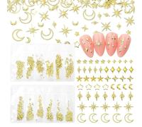 BelleVive 12 ciondoli per unghie a forma di stella e luna, a forma di stella e a forma di croce dorata, diverse misure