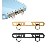 BelleVive 2 Pezzi di linguette di Metallo per Telefono per iPhone, Patch per Cordino con 2 Anelli, in Acciaio Inossidabile, Sottili e robuste, prevengono Cadute e perdite (Oro Champagne + Nero)