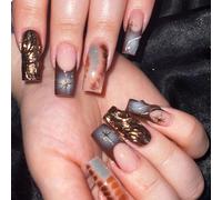 BelleVive 24 chiodi quadrati, lunghi chiodi artificiali, punta francese, per attaccare le unghie, unghie in acrilico cromato marrone, design a onde d'acqua 3D, unghie finte