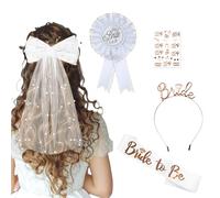 BelleVive 5 JGA Accessoires Damen Schleier Junggesellinnenabschied weiß Bride to Be Schärpe, JGA Sticker, JGA Deko Frauen für Junggesellenabschied, Brautparty und Hochzeitsfotografie
