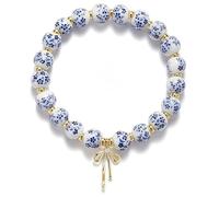 BelleVive bracciale charm fiocco per donne, bracciale fiocco, bracciale vintage floreale, fatto a mano, elastico, perle dorate, gioiello romantico delicato, blu