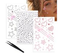 BelleVive Set di 3 fogli con strass autoadesivi per il viso, decorazioni per capelli a forma di stelle, farfalle e cuori - Adesivi per il viso per festival per bambini, donne e accessori Y2K