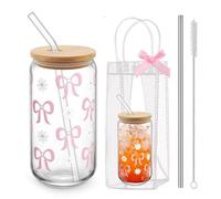 BelleVive Tazza estetica con Fiocco Coquette e Busta Regalo Trasparente, Bicchiere in Vetro con Coperchio e Cannuccia, Bicchiere per caffè Freddo, frullato, Birra, Trend