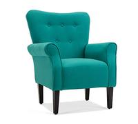 Belleze Sedia moderna con braccioli, in lino, per soggiorno e camera da letto, con gambe in legno (color foglia di maiolo)