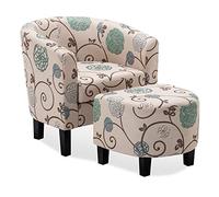 BELLEZE Set di sedie con ottomana, moderna sedia imbottita con schienale curvo, sedia da lettura rotonda a botte e poggiapiedi, per soggiorno e camera da letto, motivo floreale, beige/lino