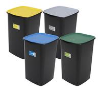 Belli e Forti Set 4 Pattumiere Per La Raccolta Differenziata 50L: Plastica, Nero Con Cop. Giallo + Vetro, Nero Con Cop. Verde + Carta, Nero Con Cop. Blu + Indifferenziata, nero con coperchio Grigio