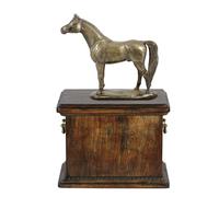 Bellissima bara in legno massiccio con statua in bronzo di cavallo arabo per la