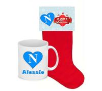 Bellissima calza della befana Napoli calcio mix di dolciumi assortiti 275 g + tazza mug in ceramica per la colazione con etichetta in cartoncino chiudi calza e tazza personalizzabile