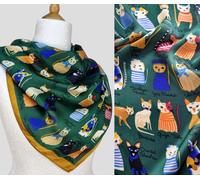 Bellissima sciarpa con motivo gatto, seta verde morbido