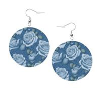 Bellissime rose su sfondo blu, orecchini in pelle con stampa per donne, orecchini a cerchio, perfetti per feste in costume e accessori per ragazze, Misura unica, Pelle