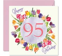Stuff4 Biglietto di auguri 95° compleanno donna con fiori di tulipani ad acquerello 145mm