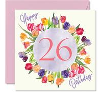 Stuff4 Bellissimi biglietti di auguri per il 26° compleanno da donna bouquet di fiori di tulipani acquerelli biglietto di auguri per sua figlia zia sorella amica regalo di compleanno 145mm