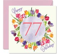 Bellissimi biglietti di auguri per il 77° compleanno da donna - bouquet di fiori con tulipani acquerello, biglietto di buon compleanno per la nonna, la nonna, la mamma, regalo di compleanno, 145mm