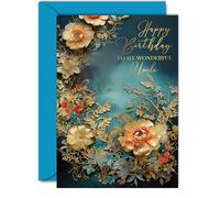 Bellissimi biglietti di compleanno dorati per nipote, meravigliosi fiori dorati, elegante e tradizionale biglietto di compleanno per nipote da zia zio, splendido biglietto di auguri A5