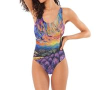 Bellissimi costumi da bagno interi viola cielo stellato con campi di lavanda per le donne, schiena bassa, costumi da bagno interi imbottiti, Bella Lavanda Campi Cielo Stellato Viola, M