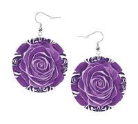 Bellissimi orecchini in pelle con stampa di rose viola, orecchini a cerchio, perfetti per feste in costume e accessori per ragazze, Misura unica, Pelle
