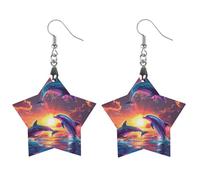 Bellissimi orecchini pendenti da donna con delfini al tramonto, alla moda, in legno stampato, gioielli pendenti a goccia, Circular, Legno, Nessuna pietra preziosa