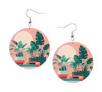 Bellissimi orecchini rotondi in pelle con stampa di piante verdi in vaso, eleganti e leggeri, pendenti per donne e ragazze, taglia unica, in pelle, senza pietre preziose