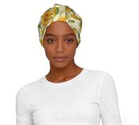 Bellissimo berretto turbante pre-legato stampato giallo con girasole, leggero copricapo elegante, per donne che dormono