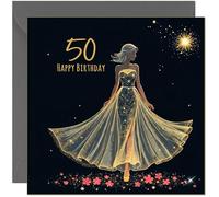 Bellissimo biglietto di auguri per il 50° compleanno da donna, nero e oro, con silhouette di abito, elegante biglietto di compleanno per 50 anni cinquanta, cinquantesimo