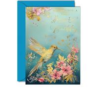 Bellissimo biglietto di compleanno dorato per 50° compleanno per donne e uomini, meraviglioso colibrì dorato - elegante e tradizionale biglietto di compleanno per donna di 50 anni, uomo suo lui, A5