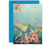 Bellissimo biglietto di compleanno dorato per nipote, meraviglioso colibrì dorato, elegante e tradizionale biglietto di compleanno per nipote da zia zio, 12,7 x 17,8 cm, splendido biglietto di auguri